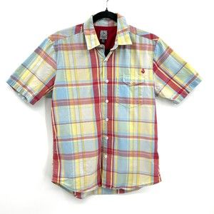 VOLCOM Men's Red Yellow Plaid Button Up Short Sleeve Cotton Shirt Size XS